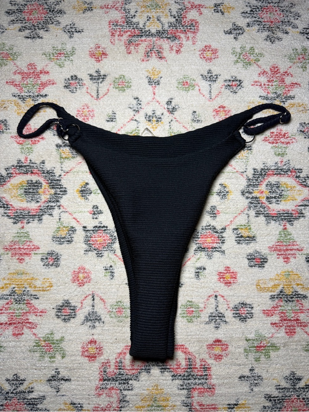 SHEIN Black Ribbed High-Leg Bikini Bottom with Side Ring Details